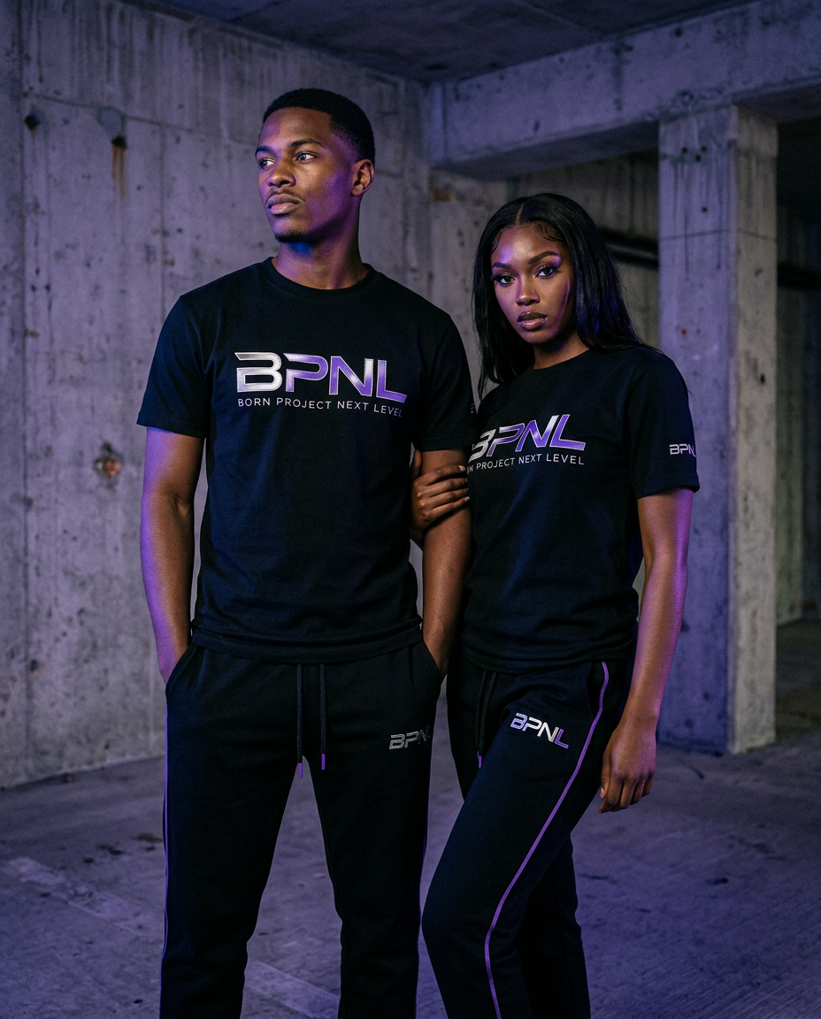Models wearing BPNL all-black luxury streetwear